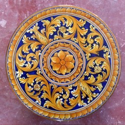 Tavolo Tondo in Pietra Lavica diametro 100 cm - Ornato Giallo e Blu