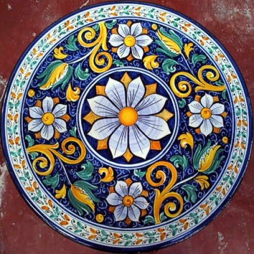 Tavolo Tondo in Pietra Lavica diametro 60 cm - Fiore blu